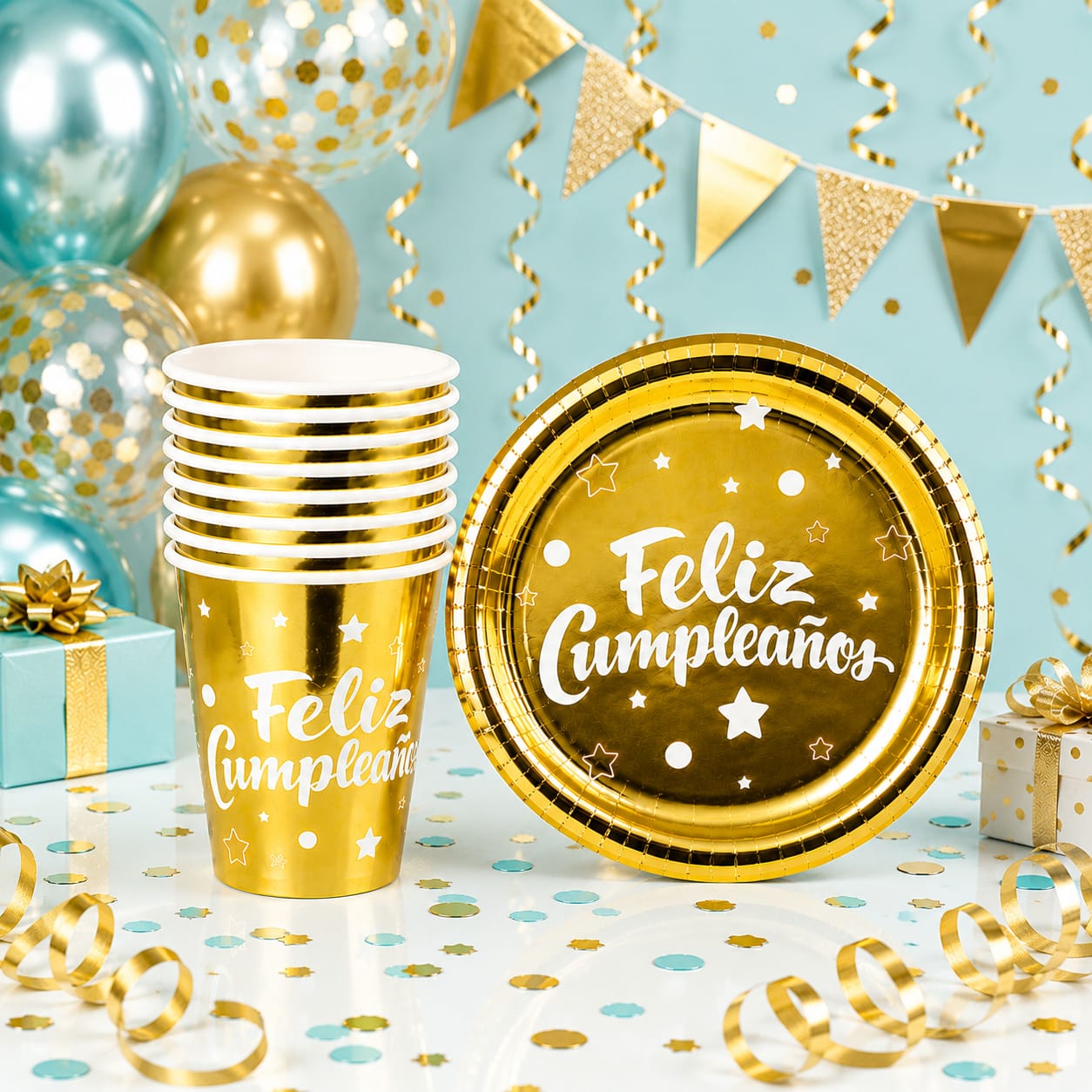 Set 10 Platos Torta + 10 Vasos Color Dorado Feliz Cumpleaños